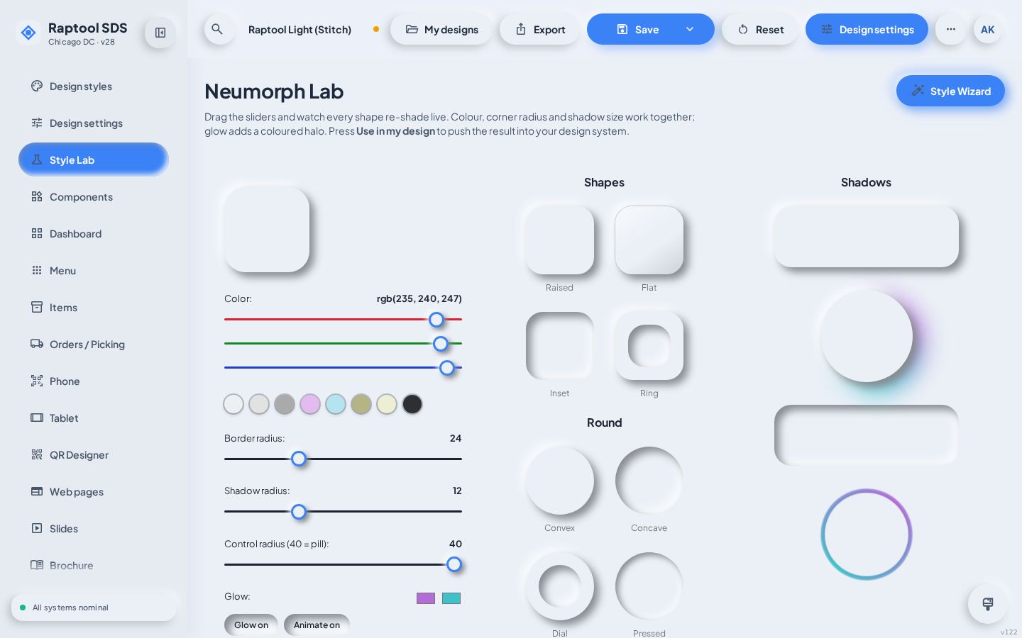 The Style Lab with shape, shadow and colour controls