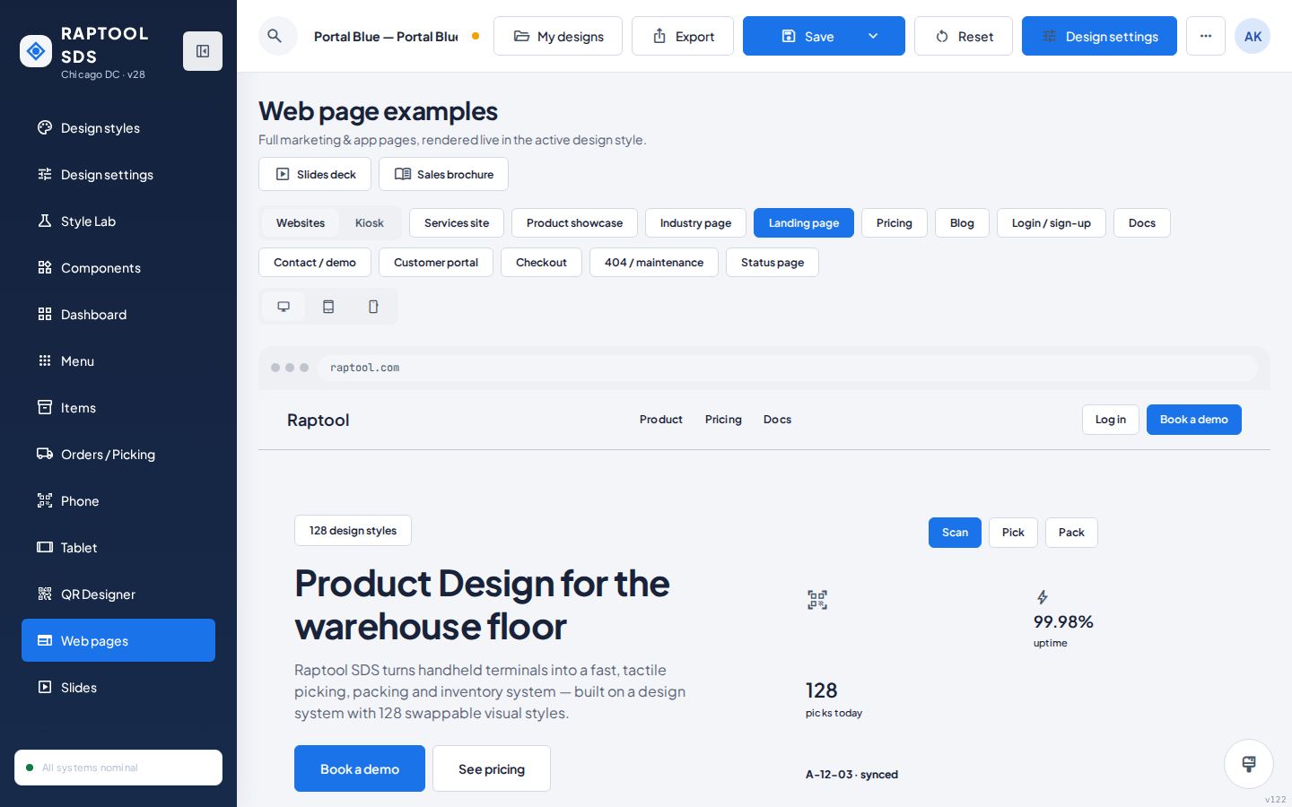 Web page examples in the Portal Blue style
